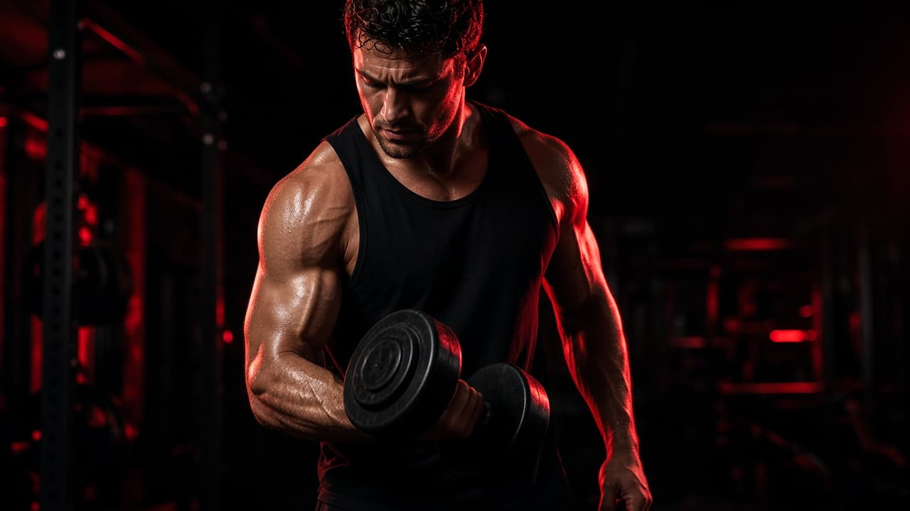Athlete training with dumbbells in a dark gym